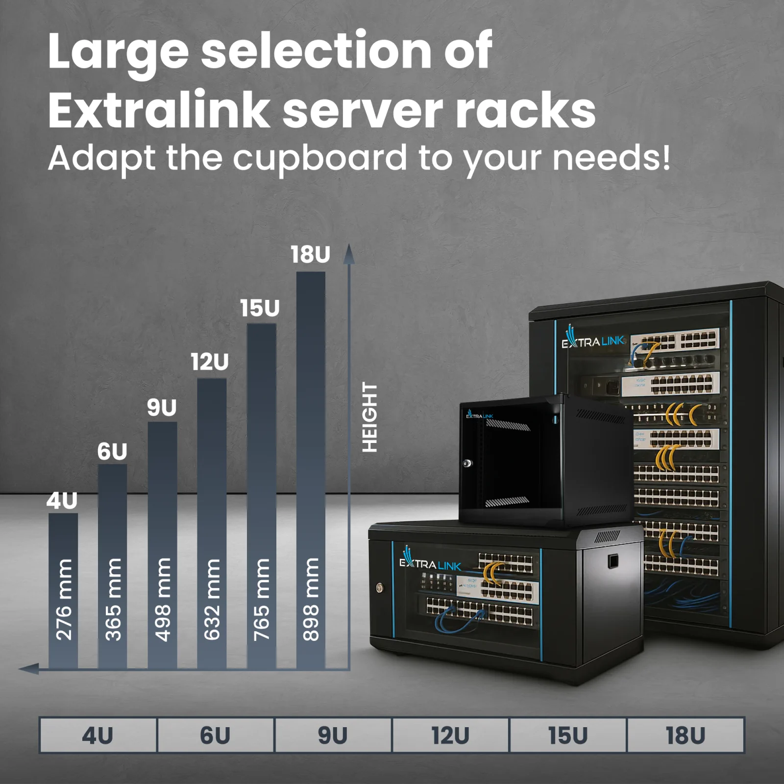Diagrama comparativo de la altura en mil&iacute;metros de varios racks para servidores Extralink: De 4U (276 mm) a 18U