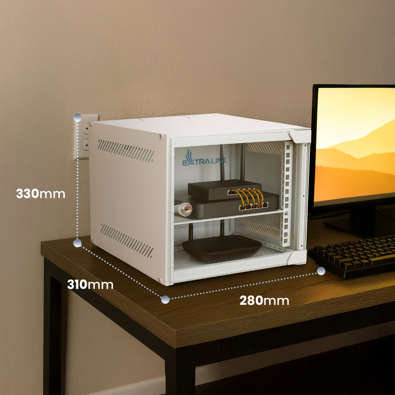 rack Extralink Lite 4U gris sobre mesa, con dimensiones marcadas