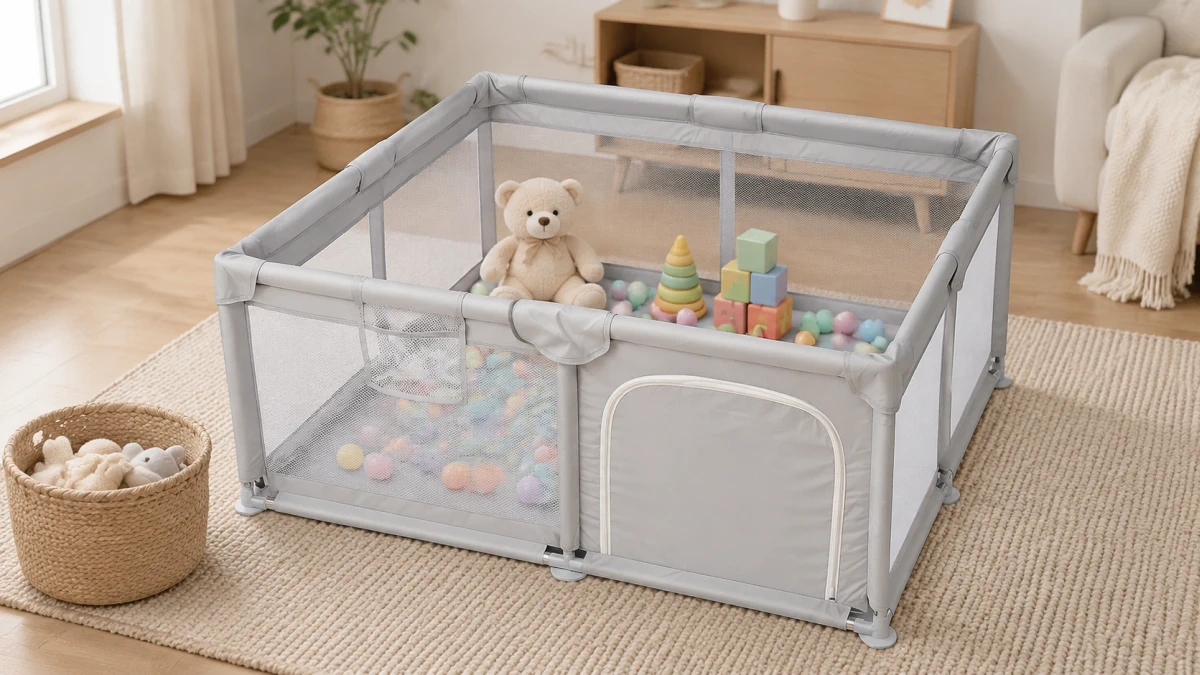 Cercado quadrado Extralink Kids com estrutura de a&ccedil;o, brinquedos e bolas coloridas