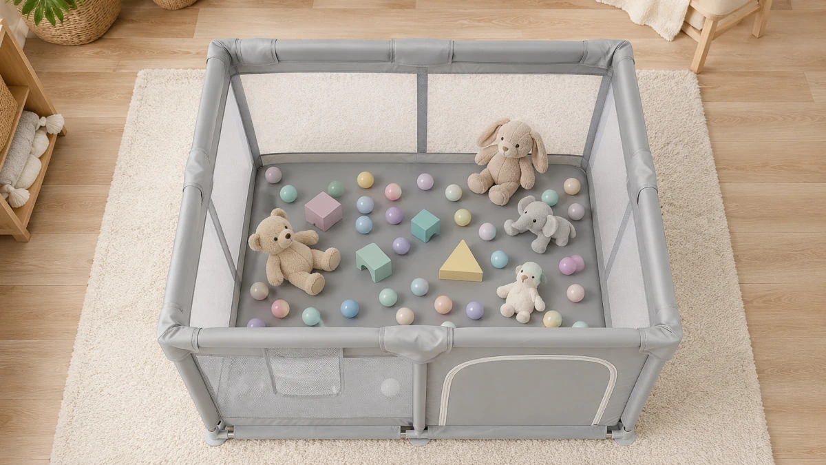 Vista de cima do cercado Extralink Kids com 30 bolas coloridas, blocos e peluches
