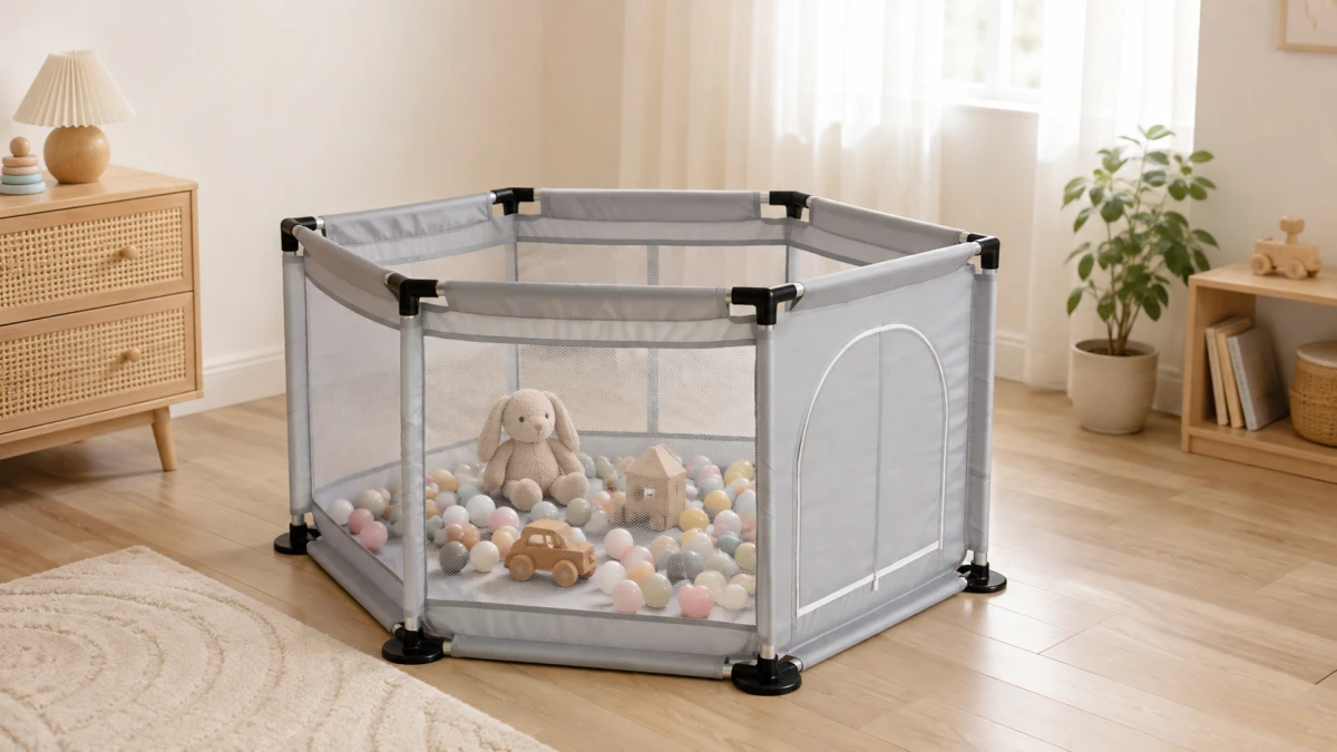 Recinto per bambini in acciaio Extralink Kids con palline colorate, peluche e giocattoli