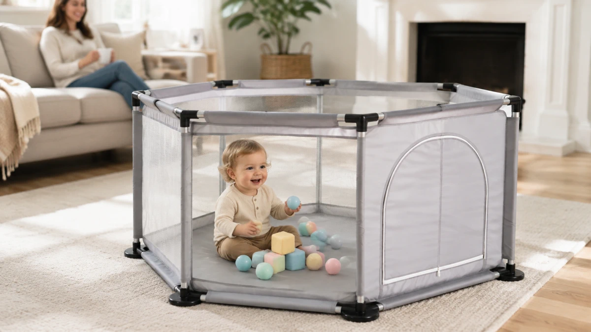 Bambino che gioca con palline colorate e blocchi nel recinto Extralink Kids
