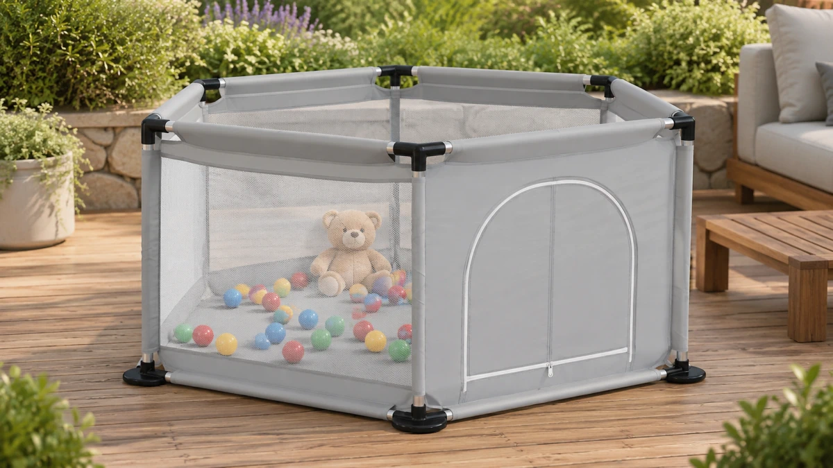 Recinto in acciaio Extralink Kids posizionato su una terrazza in giardino