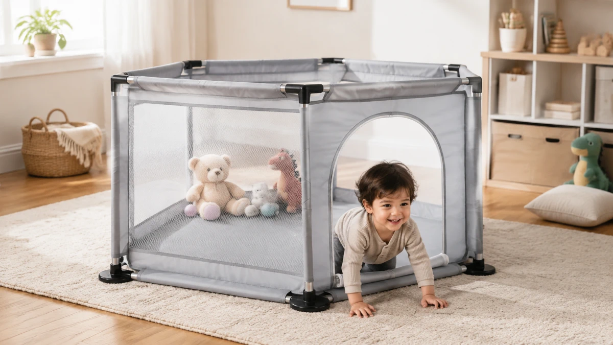 Bambino che esce attraverso l&rsquo;ingresso apribile del recinto Extralink Kids