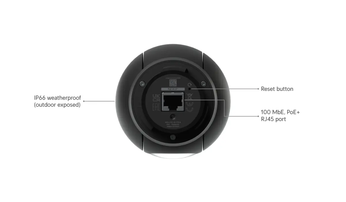 Bottom view of camera with RJ45 port and reset button
