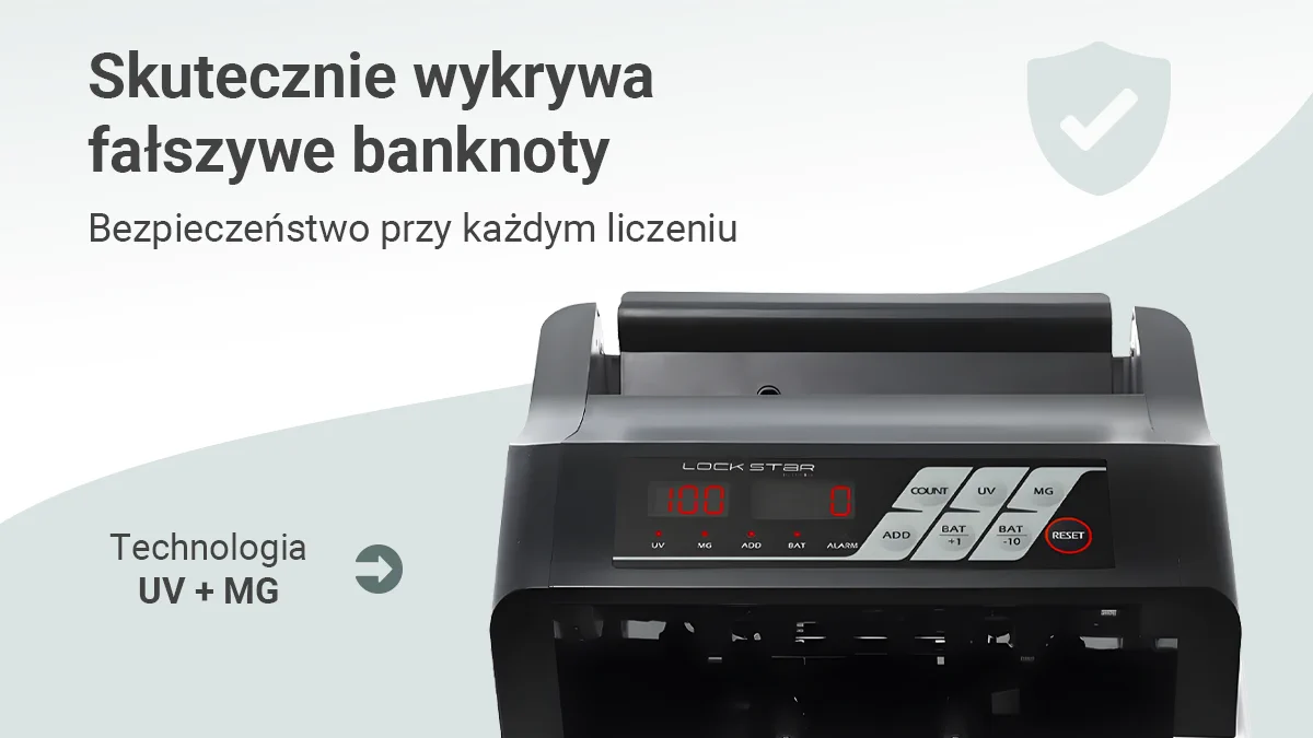 czarna liczarka pieniędzy Extralink LockStar MG X-300 od frontu, widoczny panel sterowania