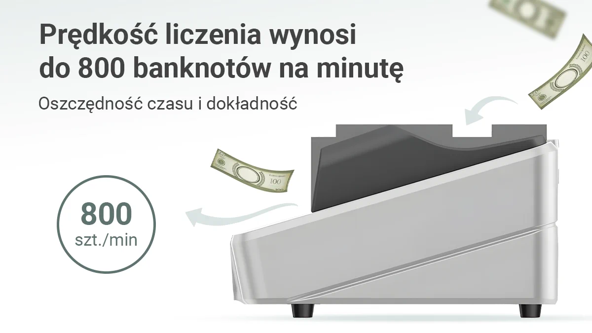 Automat do liczenia banknotów, biały, widok z boku, z informacją: