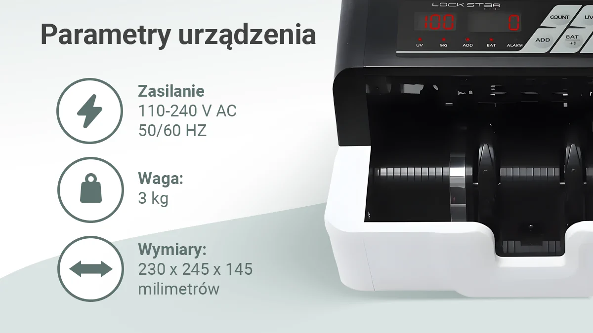 czarna liczarka pieniędzy Extralink LockStar MG X-300 od frontu, widoczny panel sterowania