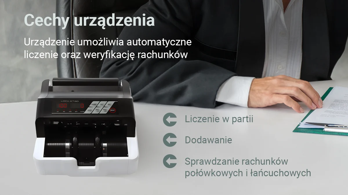urządzenie do liczenia banknotów, W tle widać postać siedzącą przy biurku