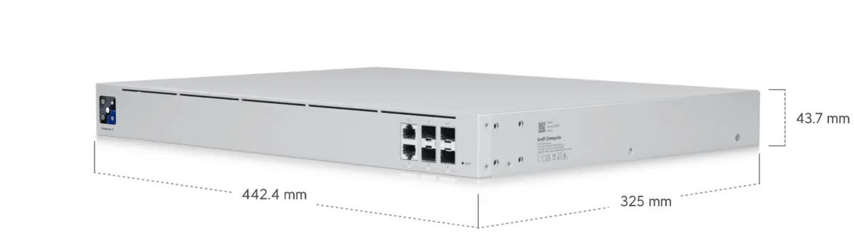 Dimensões do Ubiquiti UXG-Enterprise 442,4 mm de largura, 325 mm de profundidade e 43,7 mm de altura