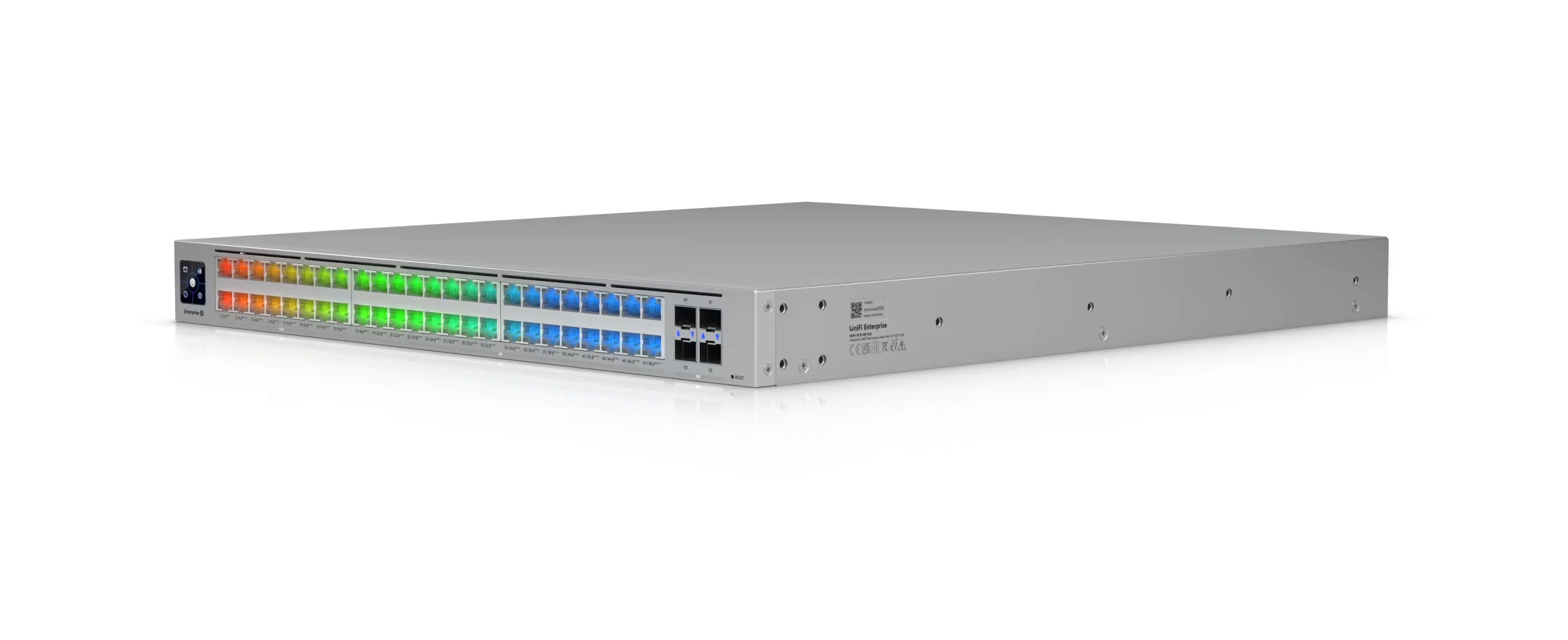 Switch com 48 portas RJ45 e 4 portas SFP28, LEDs que indicam o estado das portas