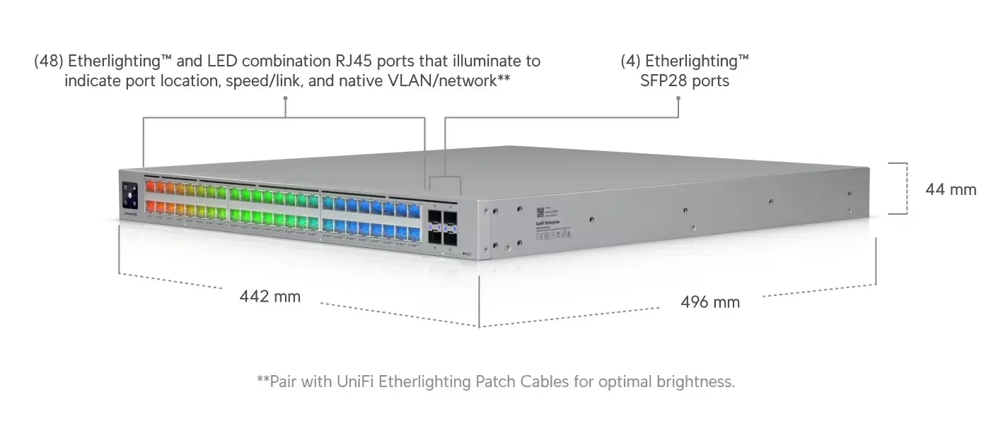 Switch com 48 portas RJ45, 4 SFP28, com dimens&otilde;es e fun&ccedil;&otilde;es LED para indicar o estado das portas