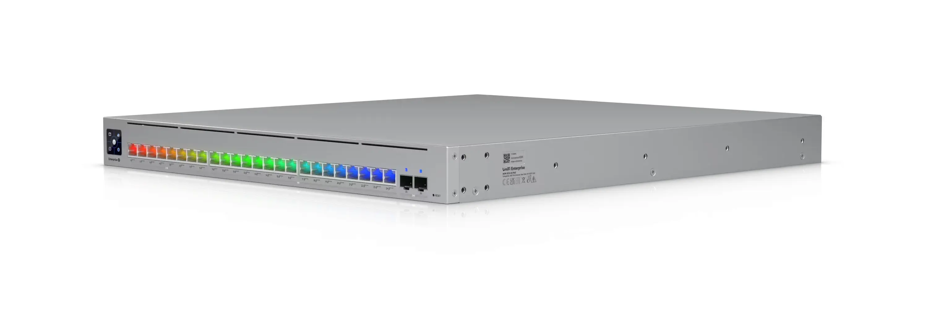 Vista frontal del conmutador Ubiquiti Enterprise, mostrando los puertos Ethernet con indicadores LED de colores.