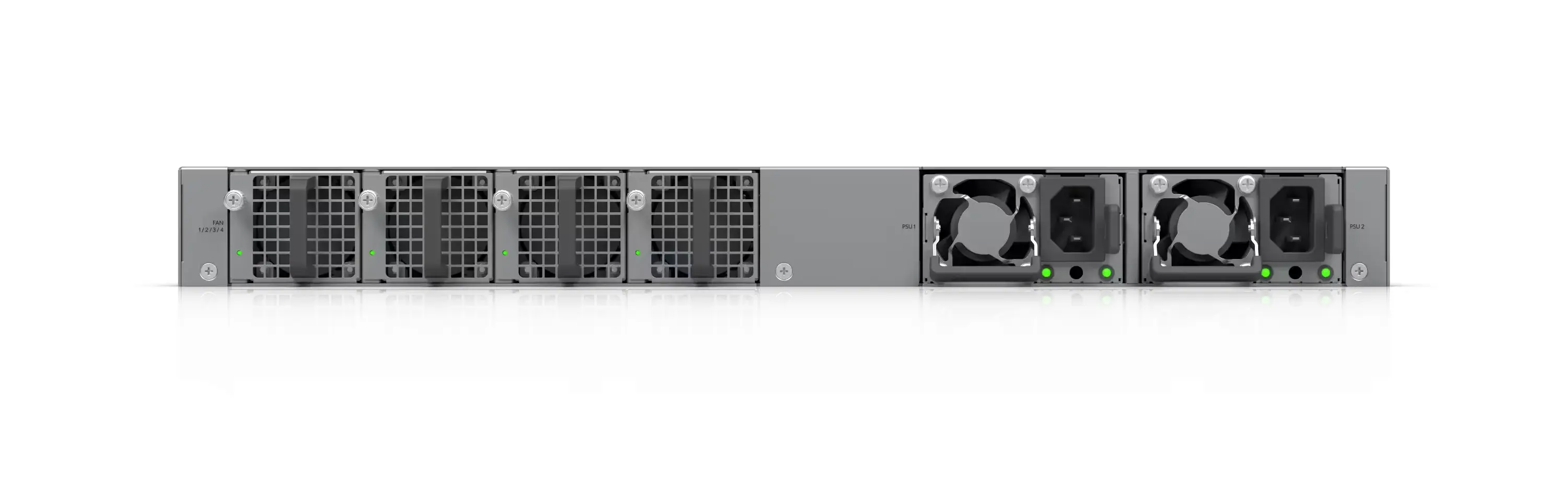 Vista trasera del conmutador Ubiquiti Enterprise, centr&aacute;ndose en las unidades de alimentaci&oacute;n y los m&oacute;dulos de ventilador.