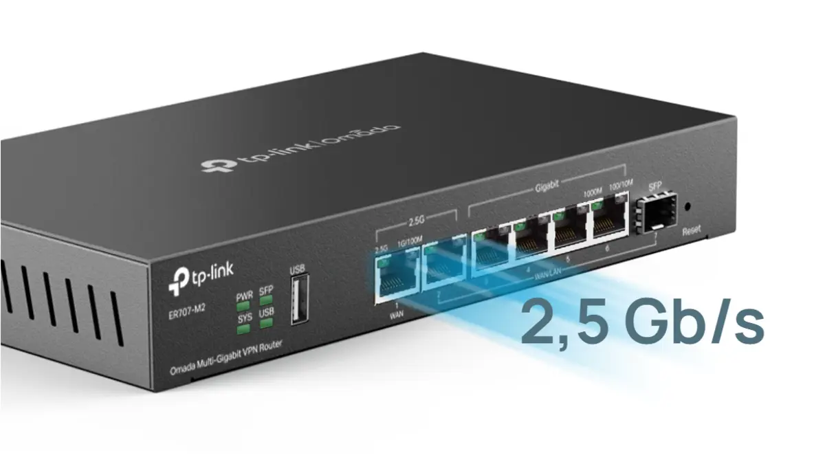 Router com porta 2,5G iluminada e descrição da velocidade de 2,5 Gbps