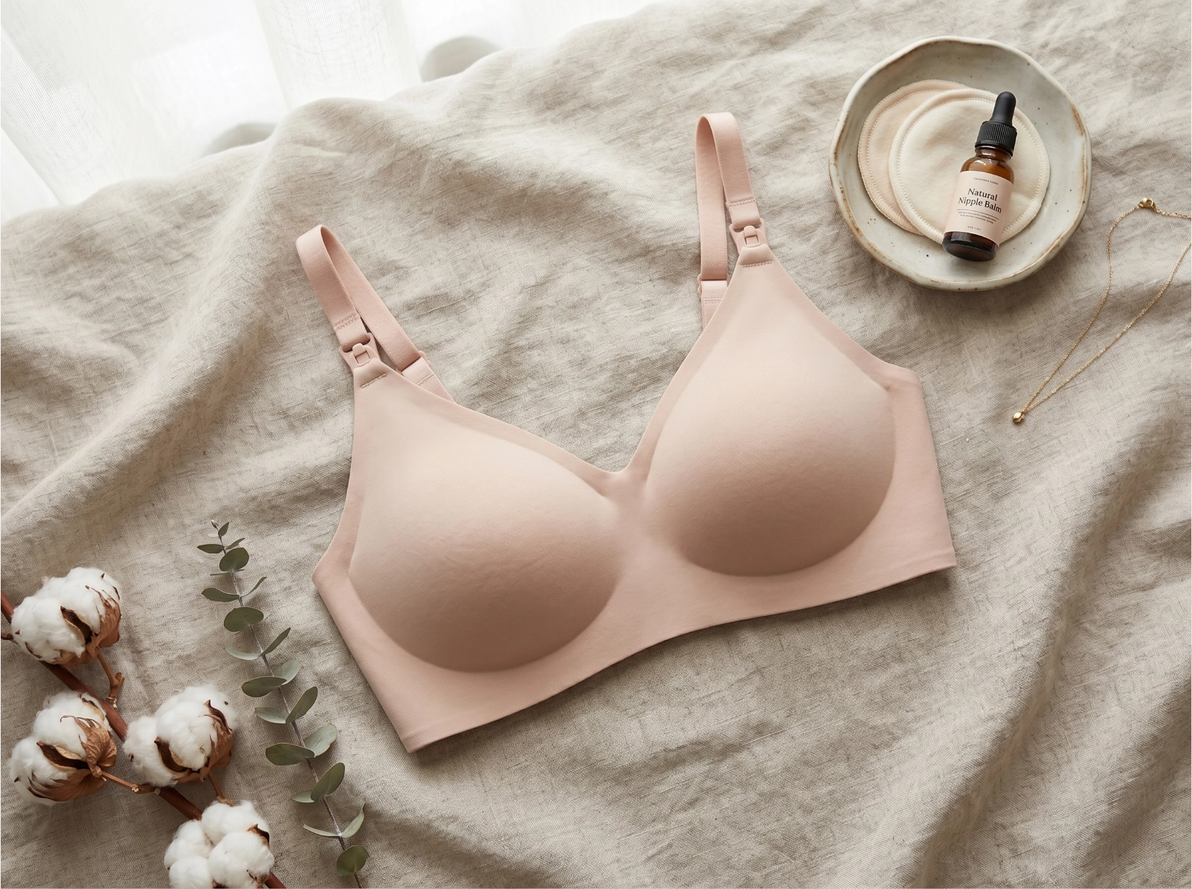 Soutien-gorge d’allaitement sans coutures Momcozy posé sur un tissu, avec coussinets d’allaitement, huile et plante