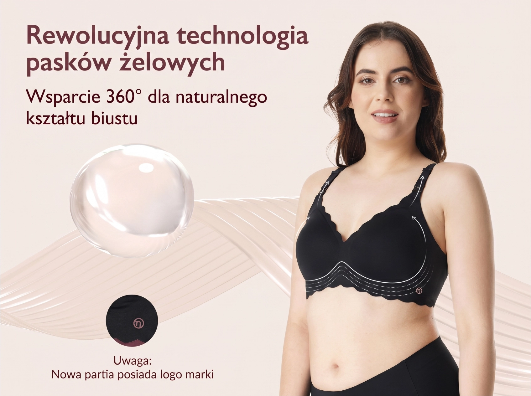 Mulher com sutiã preto, ao lado de um gráfico de estrutura em gel e descrição de suporte 360° em fundo claro