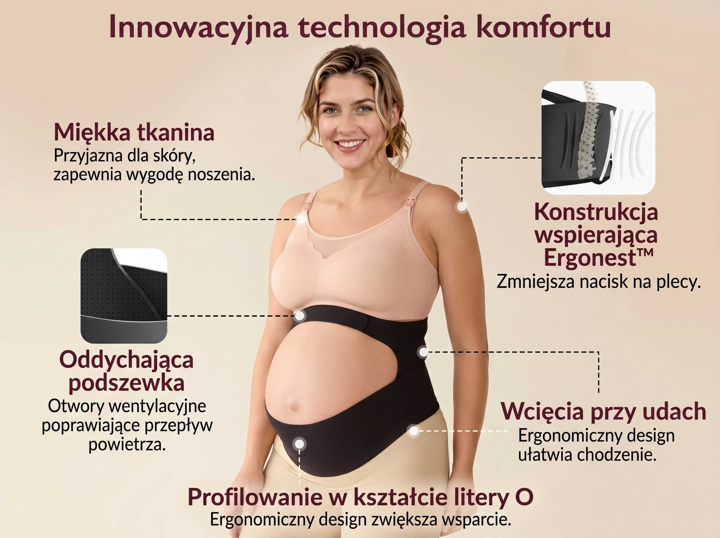 Detail černého těhotenského pásu s viditelnými detaily podpůrné konstrukce na zádech