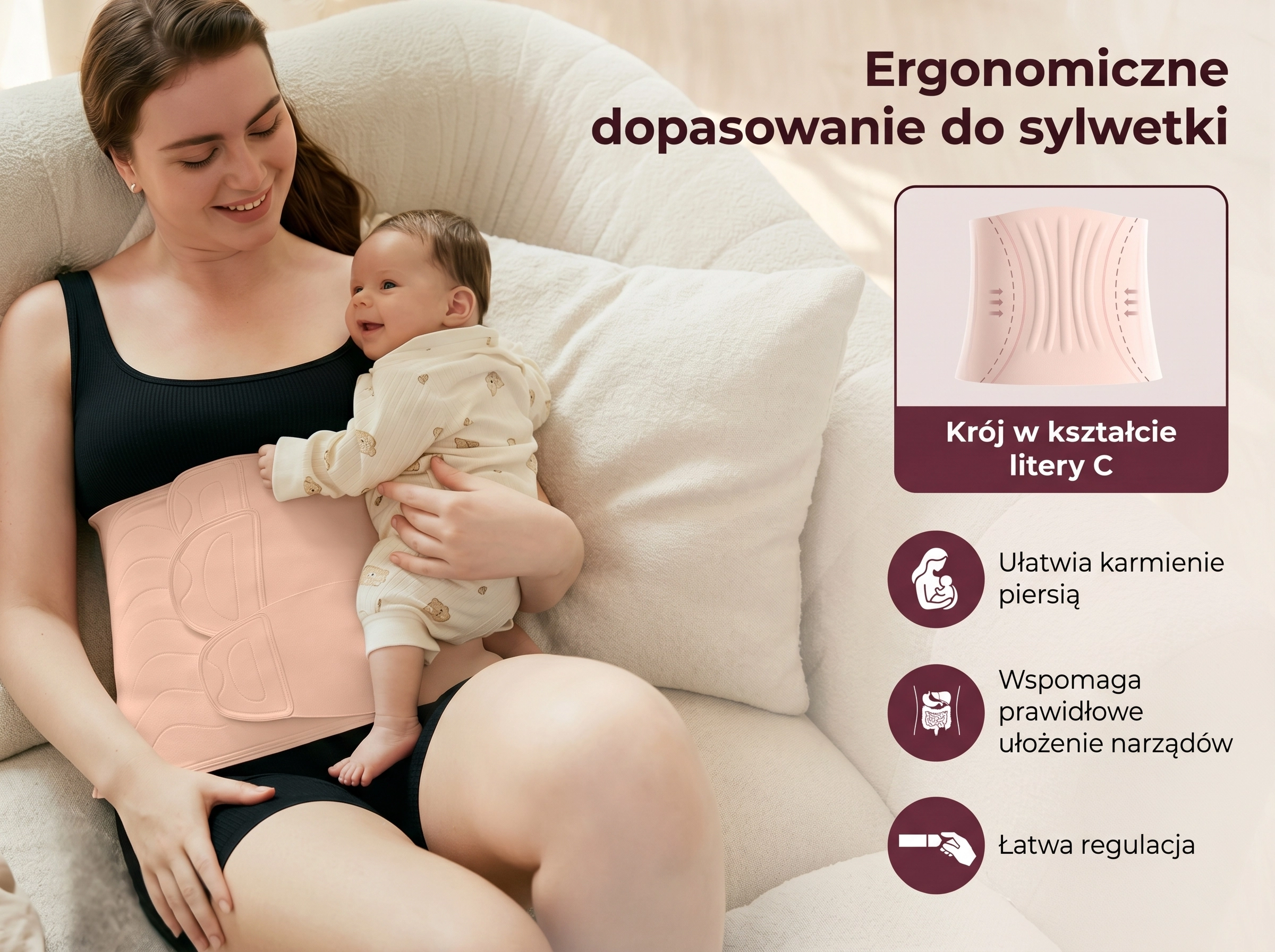 Mãe sentada no sofá com o bebê, usando um cinto pós-parto rosa. O cinto apoia o abdômen e facilita a amamentação graças ao design ergonômico
