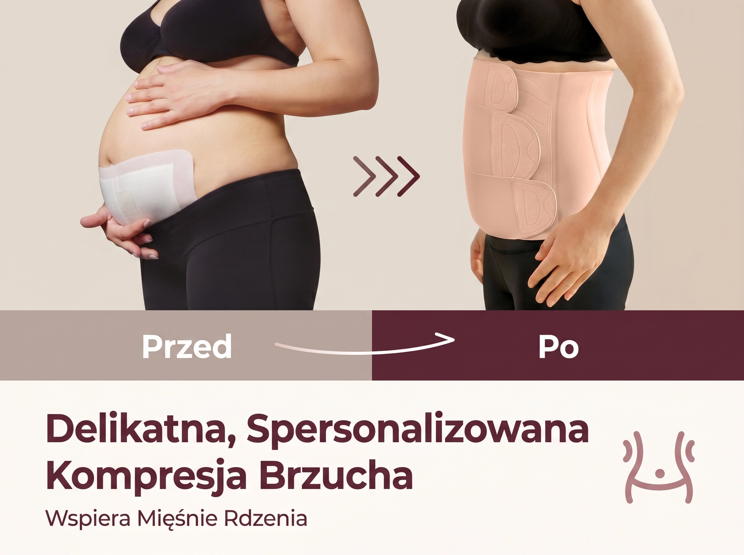 Comparação da região abdominal de uma mulher antes e depois de colocar o cinto pós-parto, mostrando uma compressão suave do abdômen.