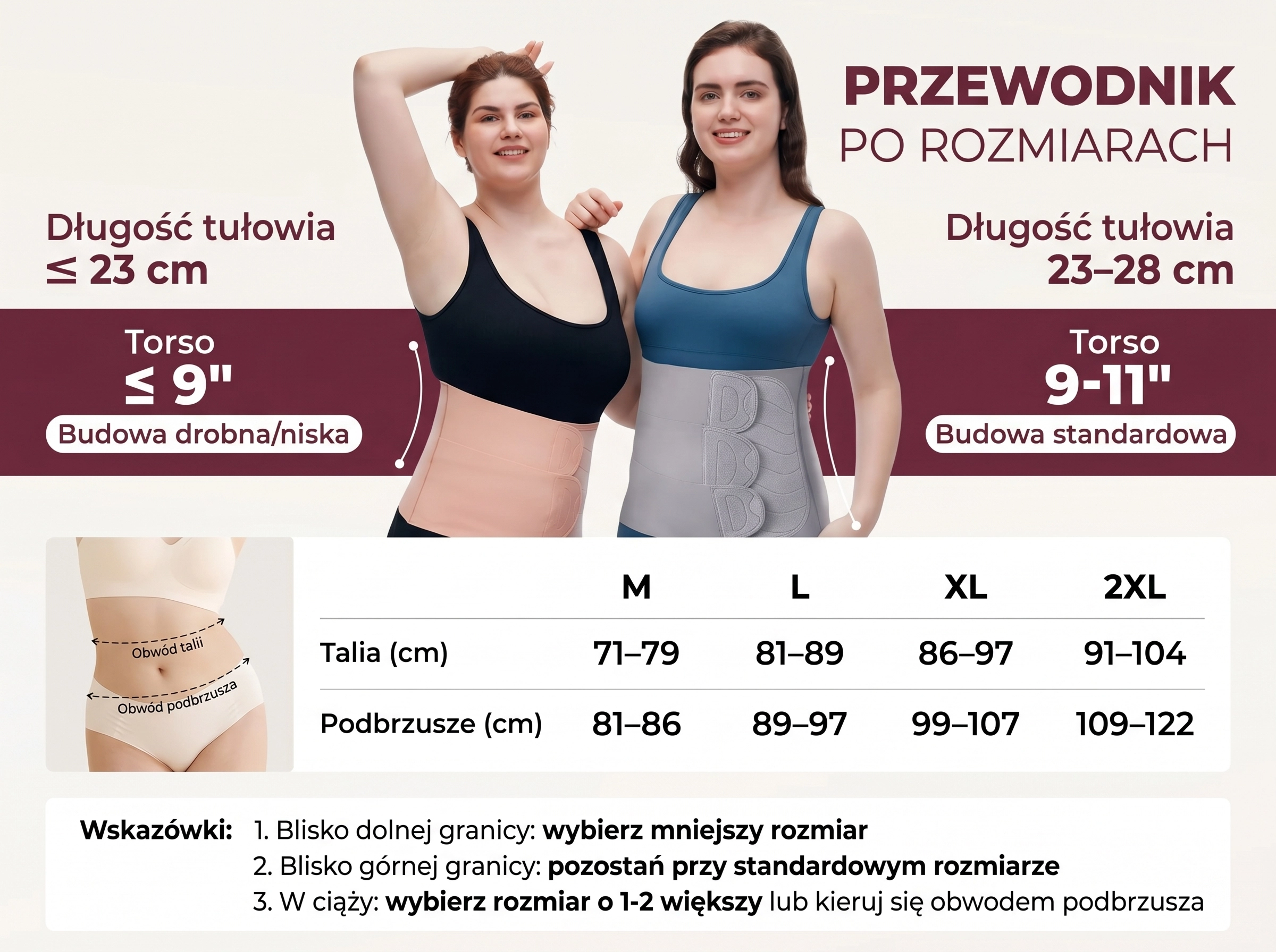 Duas mulheres com tops ajustados, uma com cinto pós-parto bege e a outra com cinto cinza. Na parte inferior, uma tabela de tamanhos visível