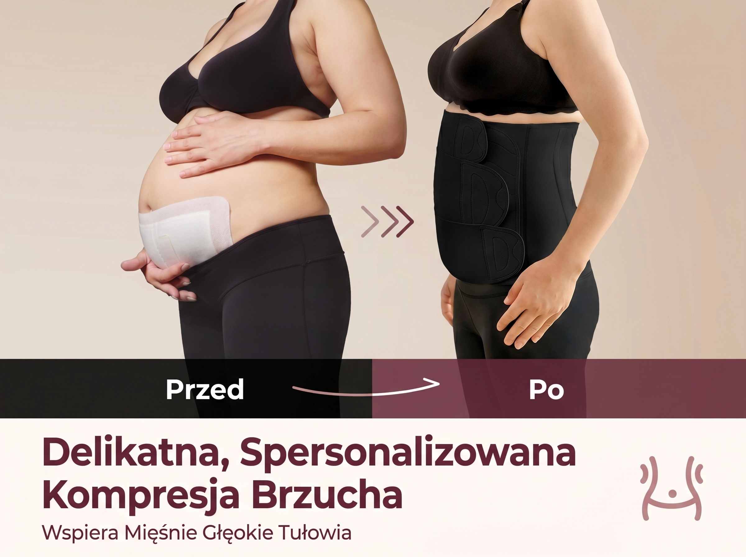Compara&ccedil;&atilde;o antes e depois do uso da faixa p&oacute;s-parto, mostrando a melhoria da postura corporal ap&oacute;s o parto