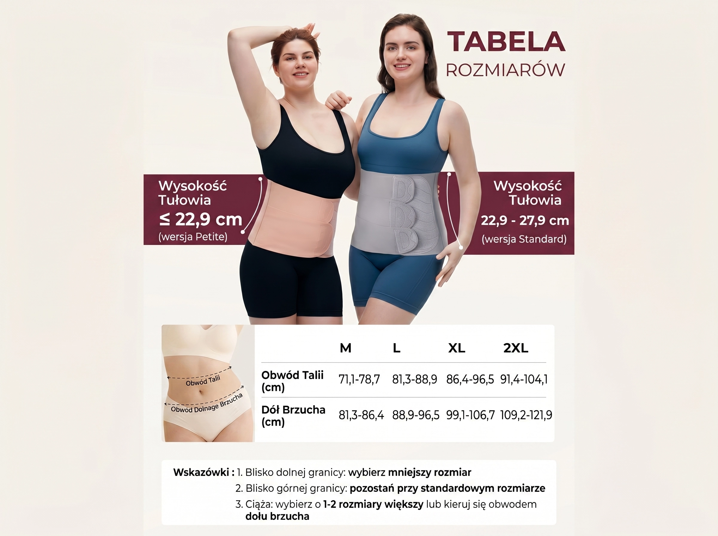 Tabela de tamanhos da faixa p&oacute;s-parto com duas mulheres em diferentes variantes de tamanho
