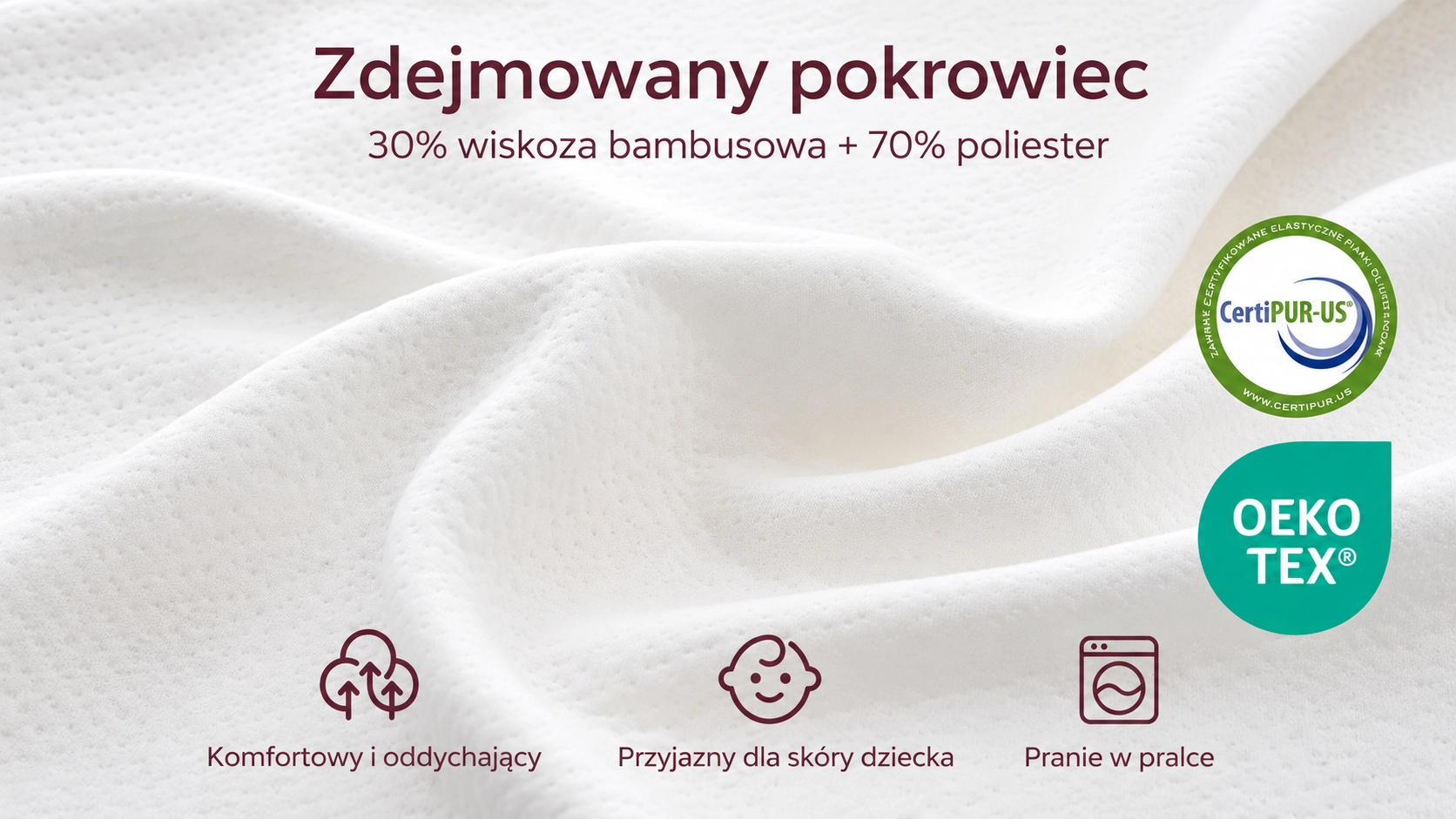 Biały pokrowiec Momcozy z widoczną fakturą materiału i oznaczeniami certyfikatów.