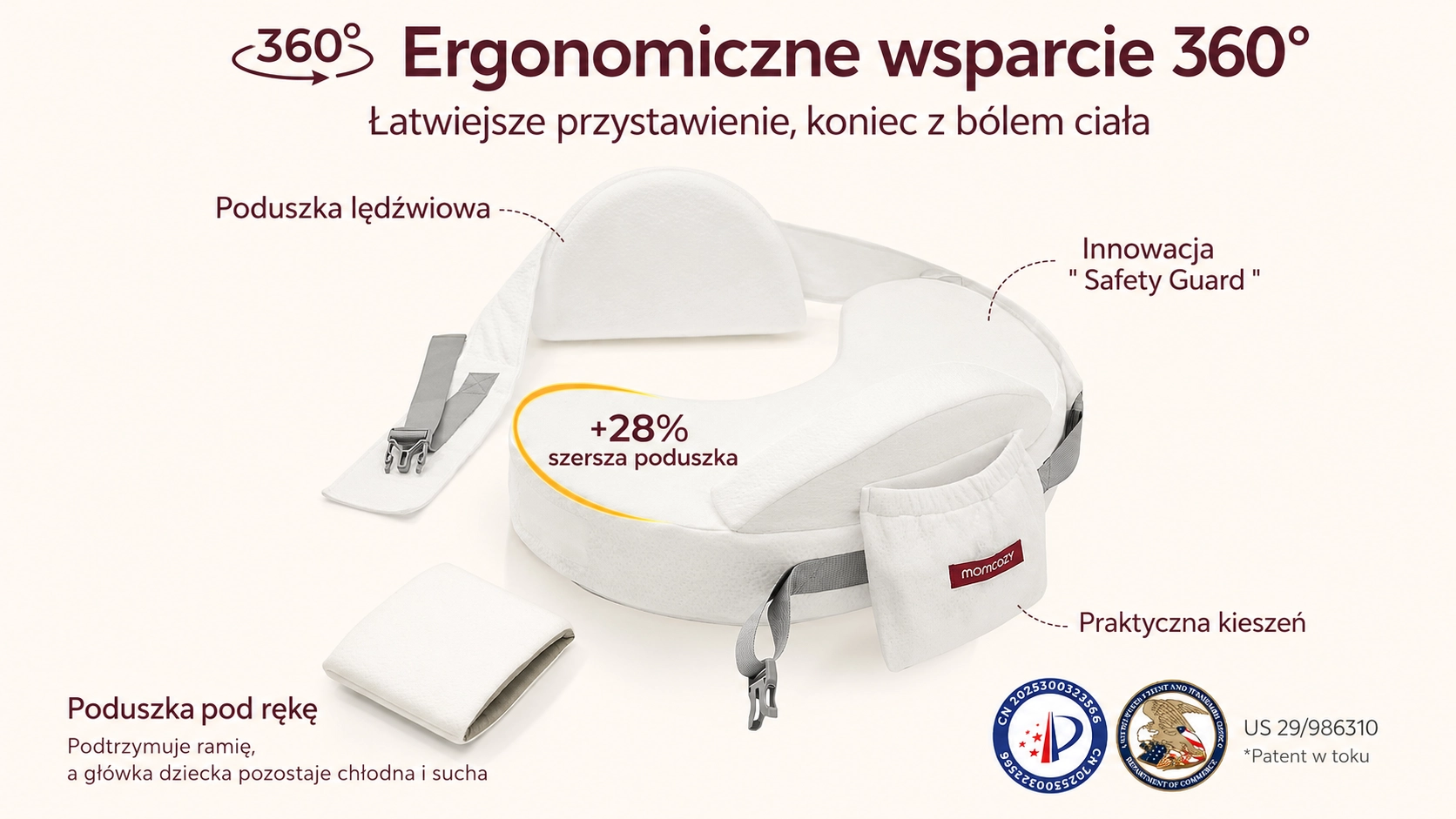 Biała poduszka Momcozy z pasem, kieszenią, wałkiem bocznym i małą poduszką na jasnym tle.
