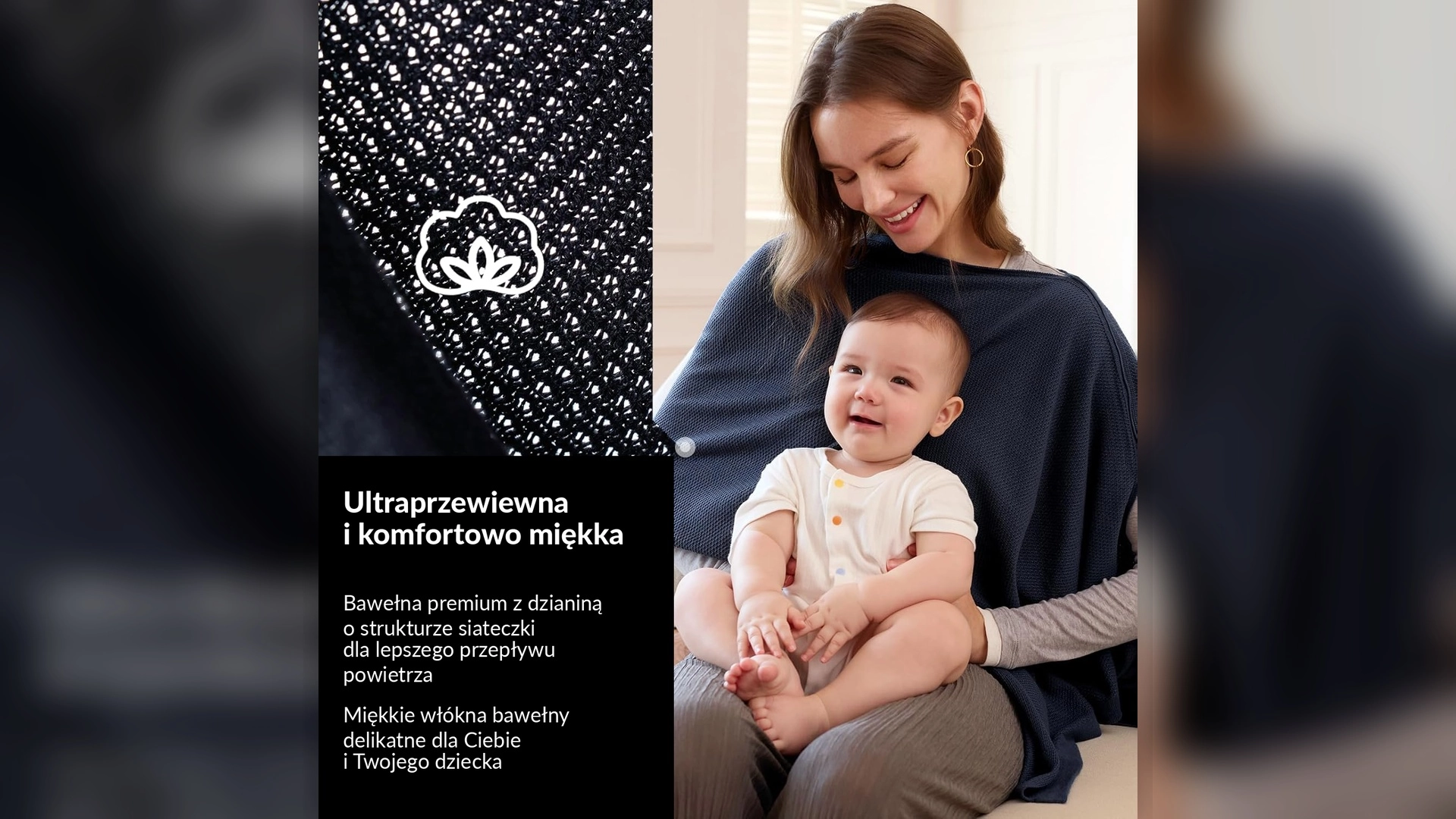 Kobieta z dzieckiem pod granatową osłoną Momcozy, obok zbliżenie siatkowej tkaniny