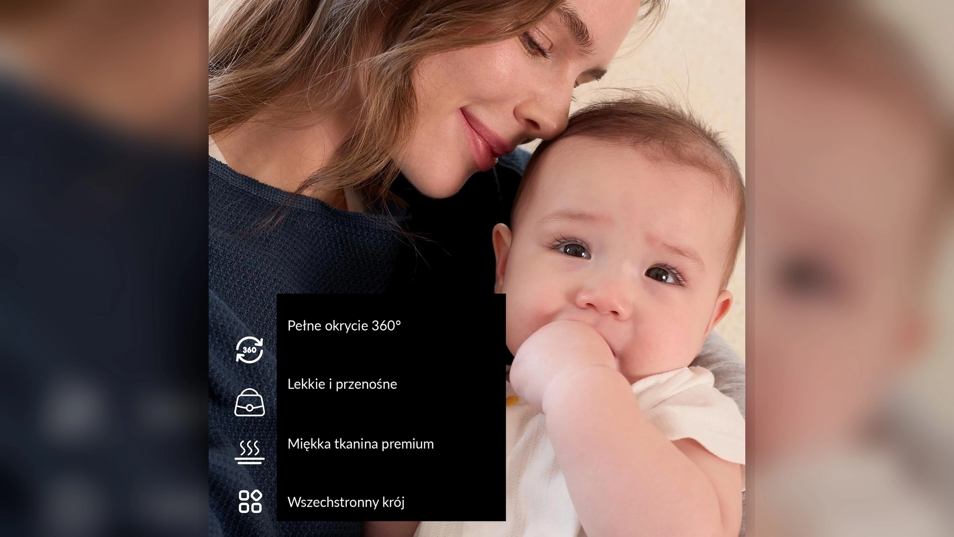 Zbliżenie twarzy kobiety i niemowlęcia, obok ikony funkcji osłony Momcozy.