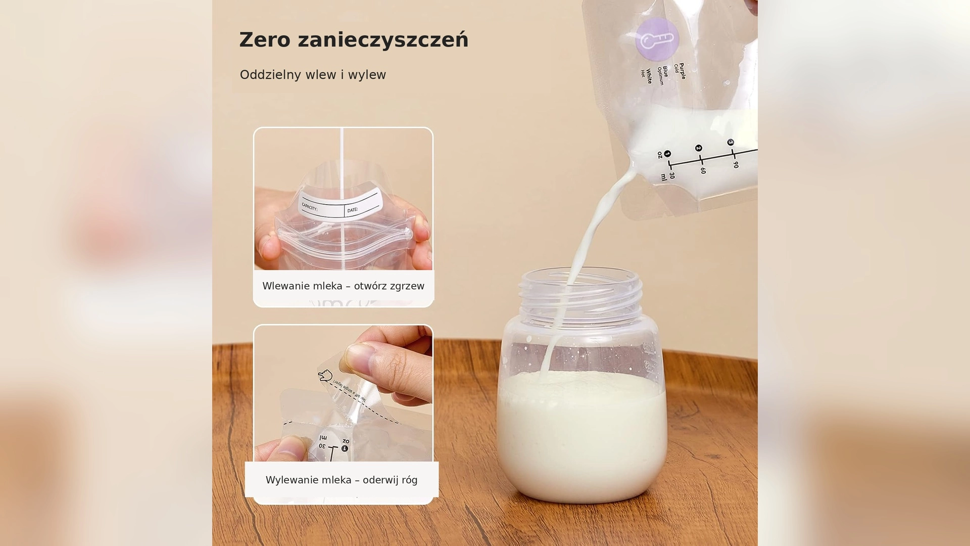 Mléko přeléváné ze sáčku Momcozy do lahve, vedle detail otevření a rohu.