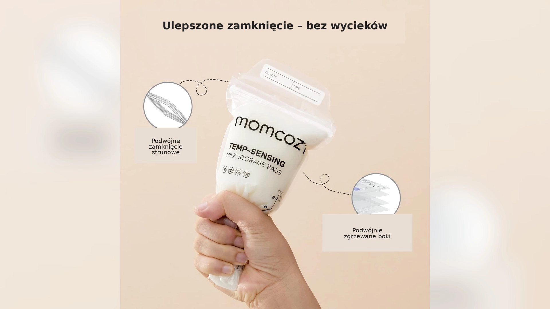 Ruka mačká sáček Momcozy s mlékem, vedle detail uzávěru a boků.