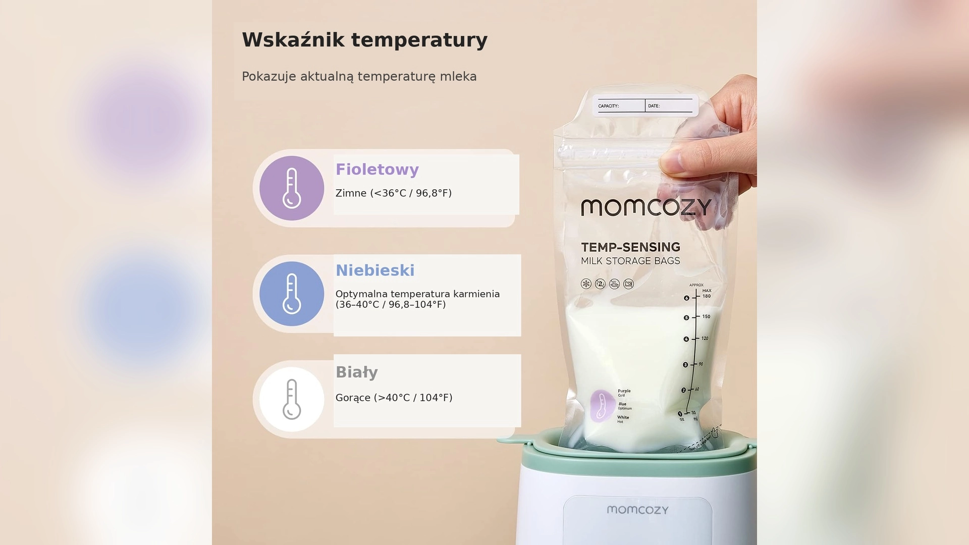 Sáček Momcozy s mlékem stojí v ohřívači, vedle tři označení teploty.