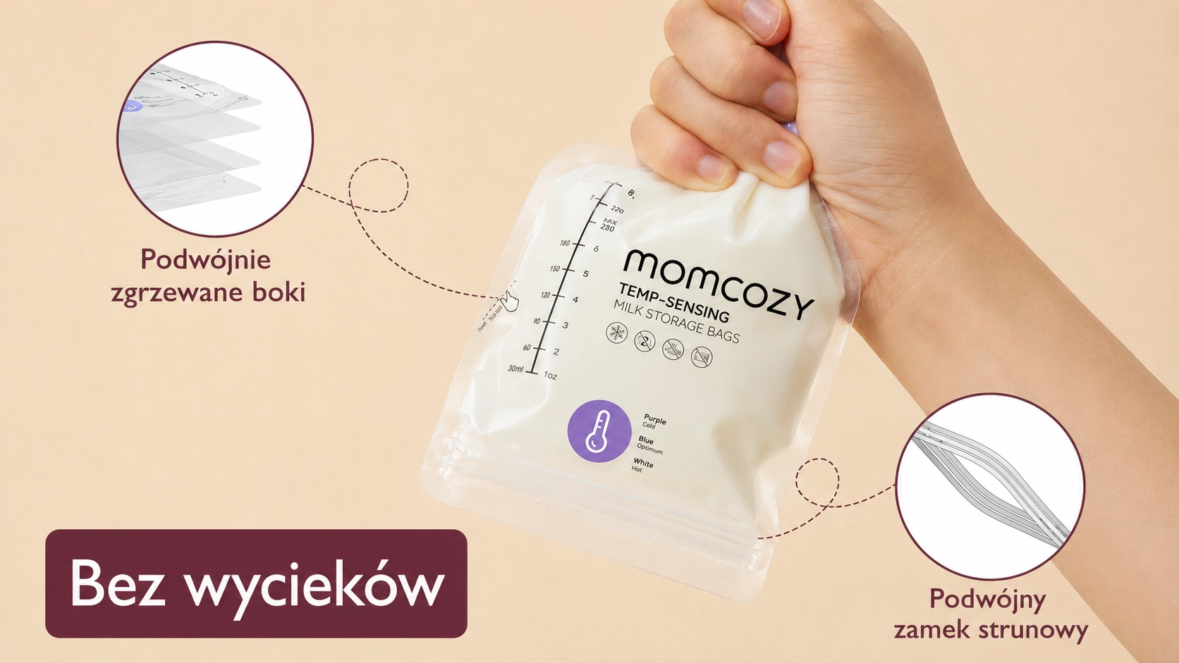 Uma m&atilde;o aperta um saco Momcozy cheio de leite, ao lado de um close nas soldas e no fecho