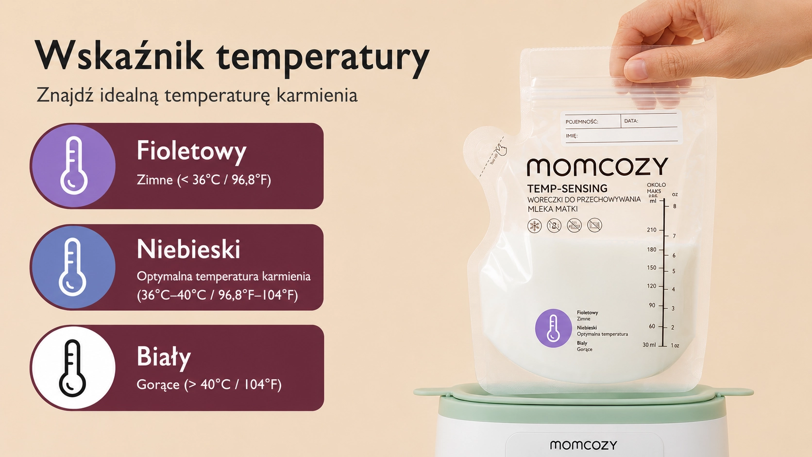 Um saco Momcozy com leite est&aacute; no aquecedor, ao lado da indica&ccedil;&atilde;o das cores de temperatura