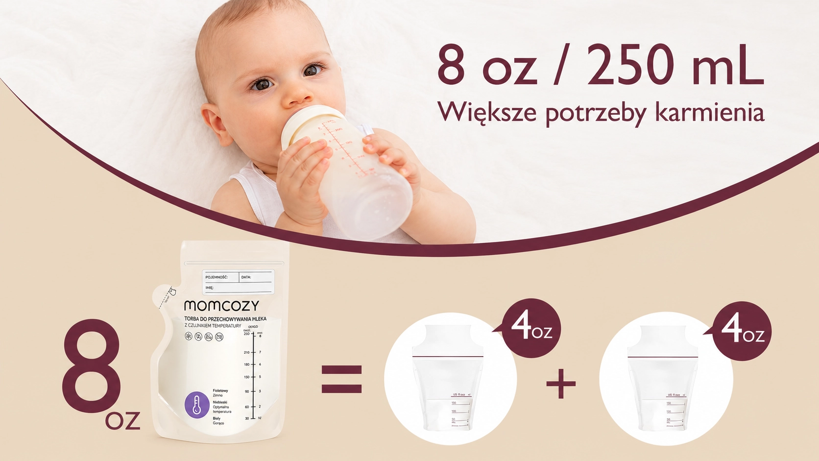 Um beb&eacute; segura um biber&atilde;o com leite, ao lado de um saco Momcozy e uma compara&ccedil;&atilde;o com dois sacos mais pequenos