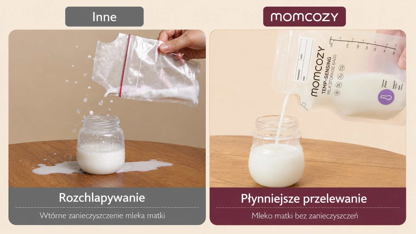 Compara&ccedil;&atilde;o entre leite derramado de um saco e o despejo uniforme de leite de um saco Momcozy para um frasco