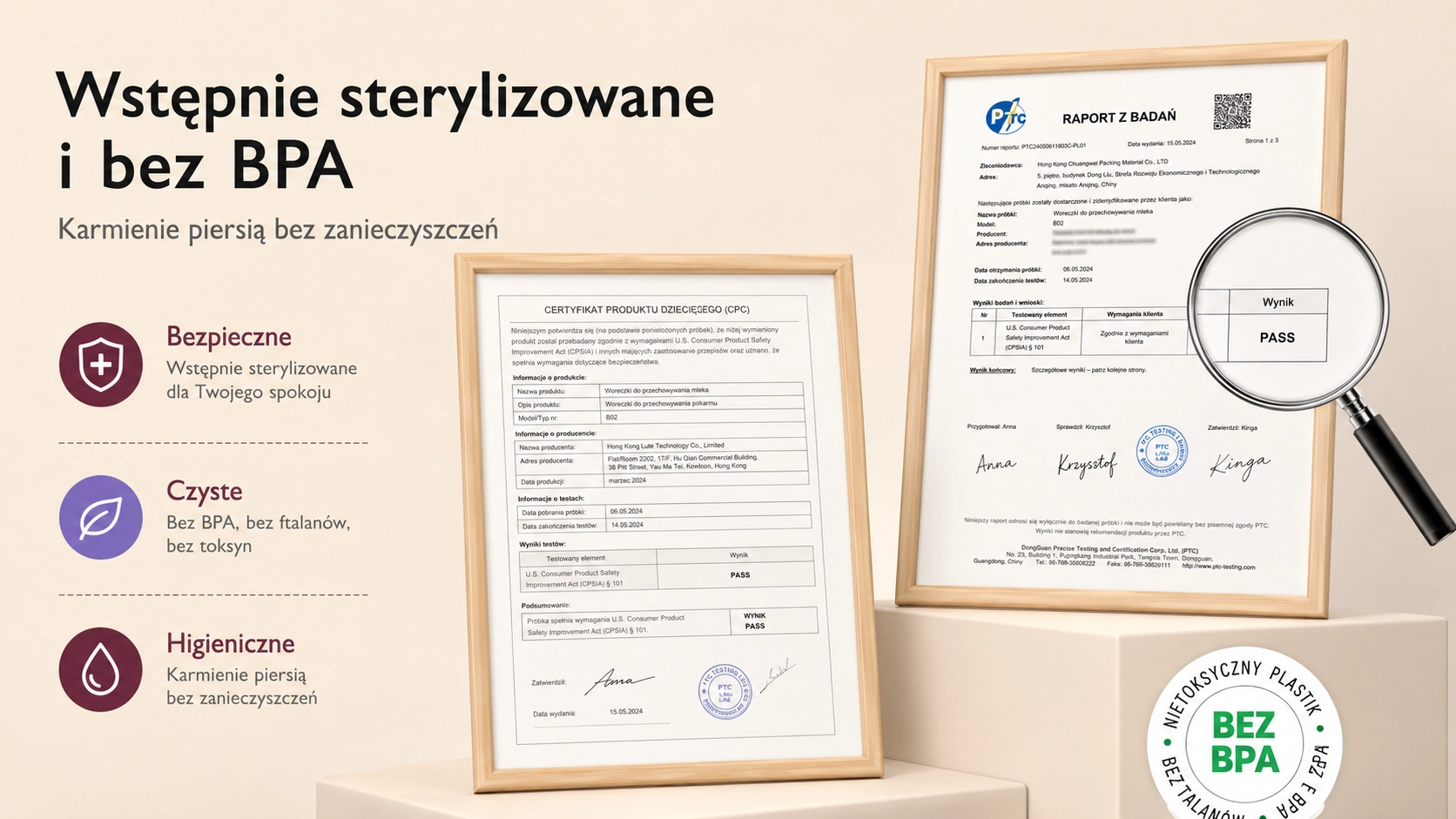 Dois certificados em molduras, uma lupa sobre um documento e um selo circular com informa&ccedil;&atilde;o sobre a aus&ecirc;ncia de BPA