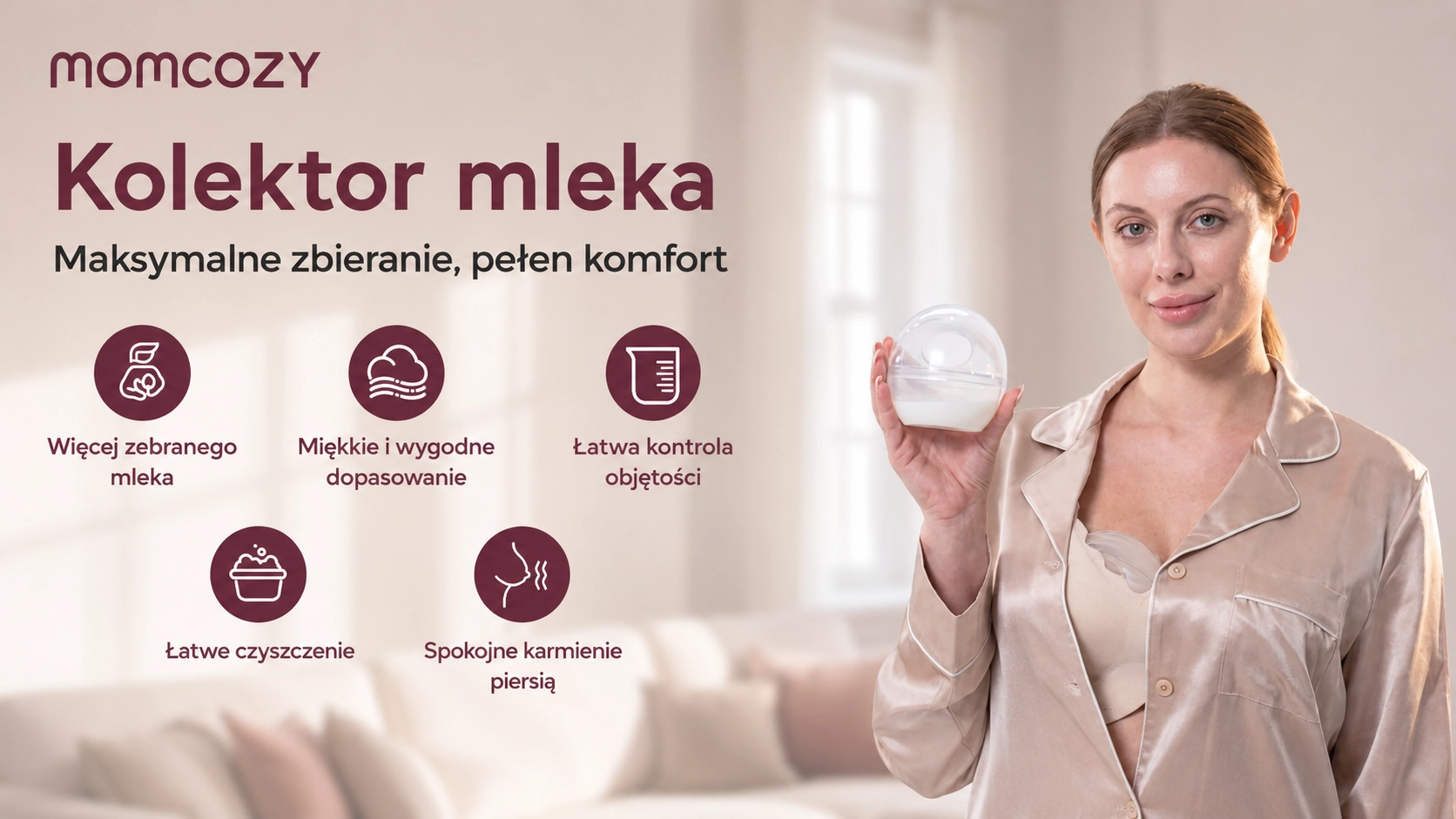 Женщина держит в руке коллектор молока Momcozy, стоя в светлой комнате.