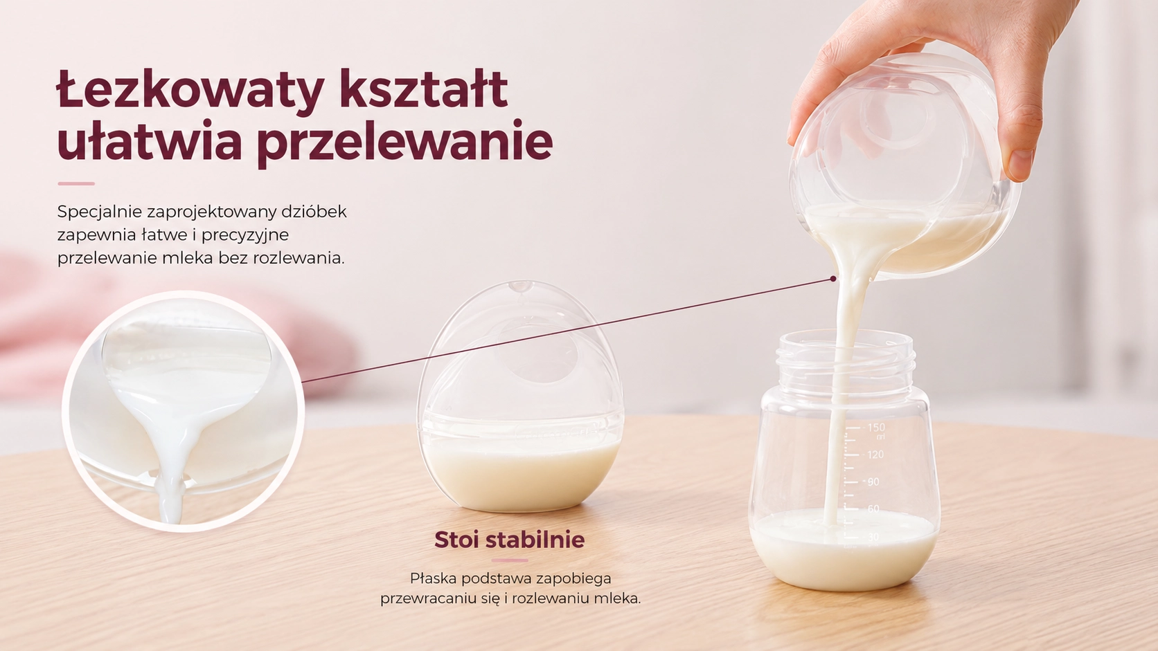 Коллектор молока Momcozy, наполненный молоком, выливает содержимое в бутылочку.