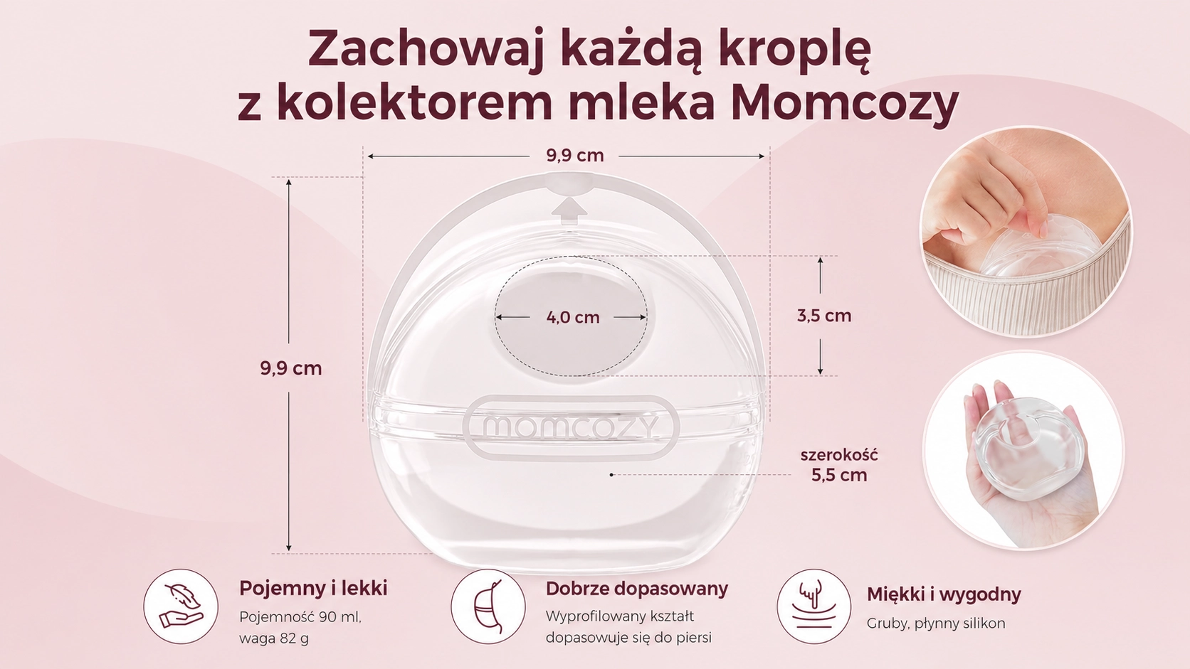 Коллектор Momcozy, удерживаемый в руке, с обозначением размеров и формы продукта