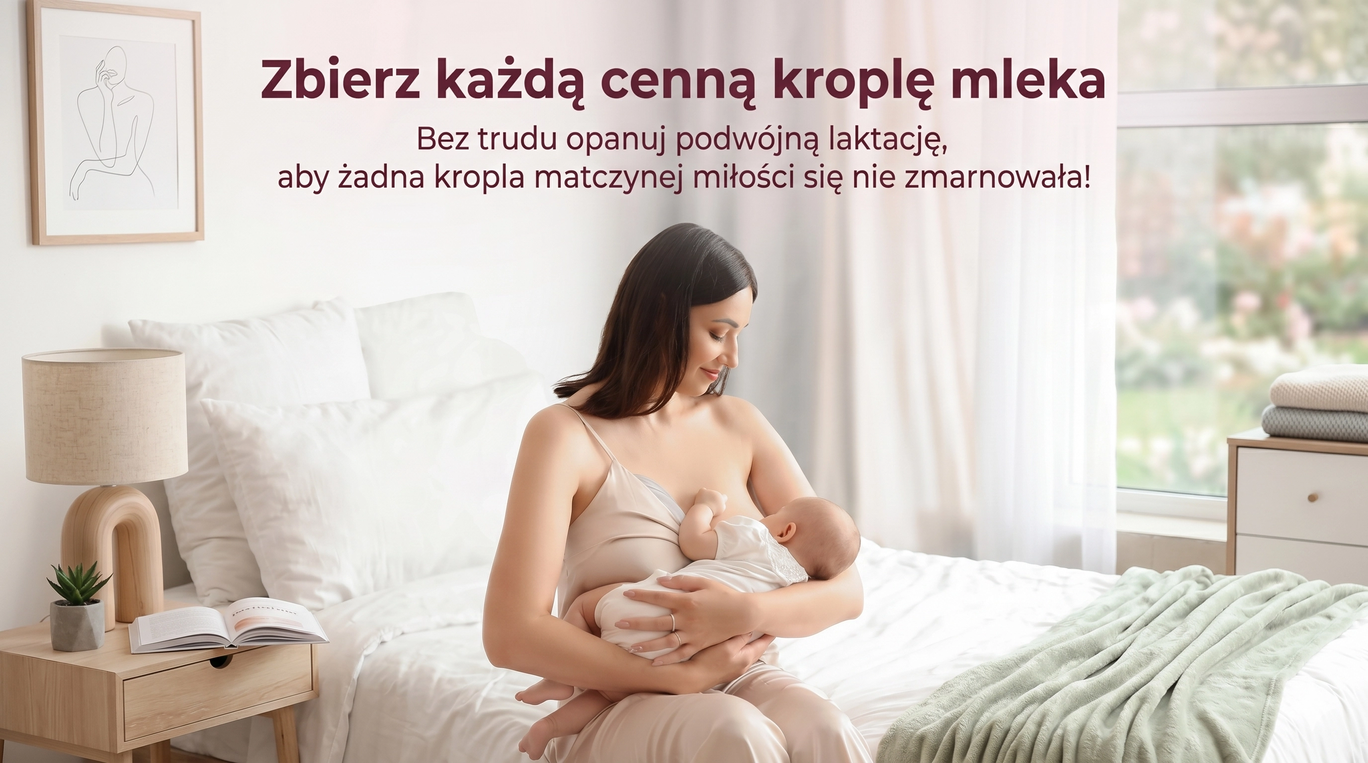 Женщина прикладывает коллектор Momcozy к груди в спальне, показывая прилегание и удобство.