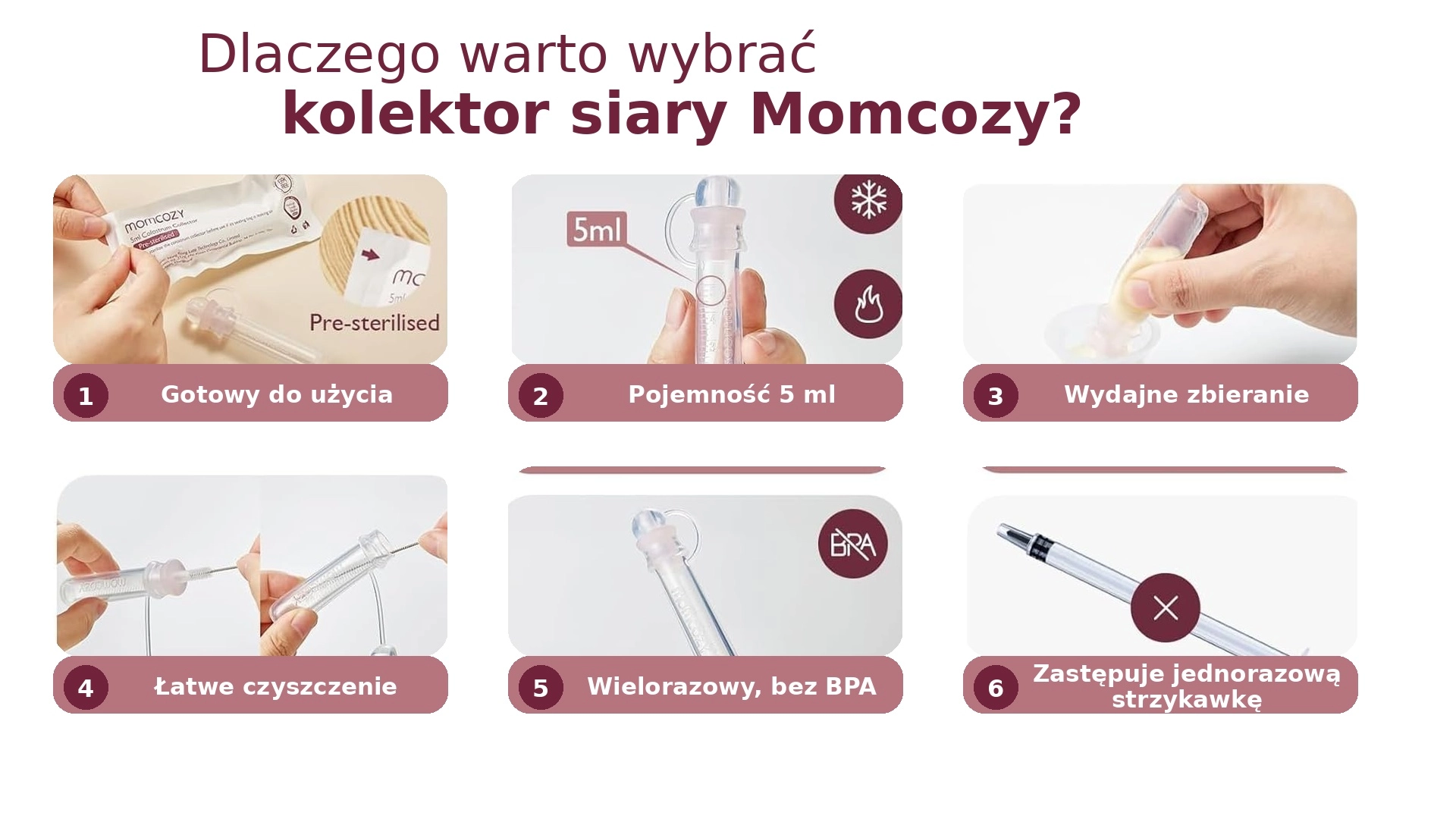 Uma s&eacute;rie de vantagens do coletor: pronto a usar, capacidade de 5 ml, limpeza f&aacute;cil, reutiliz&aacute;vel, sem BPA, substitui a seringa
