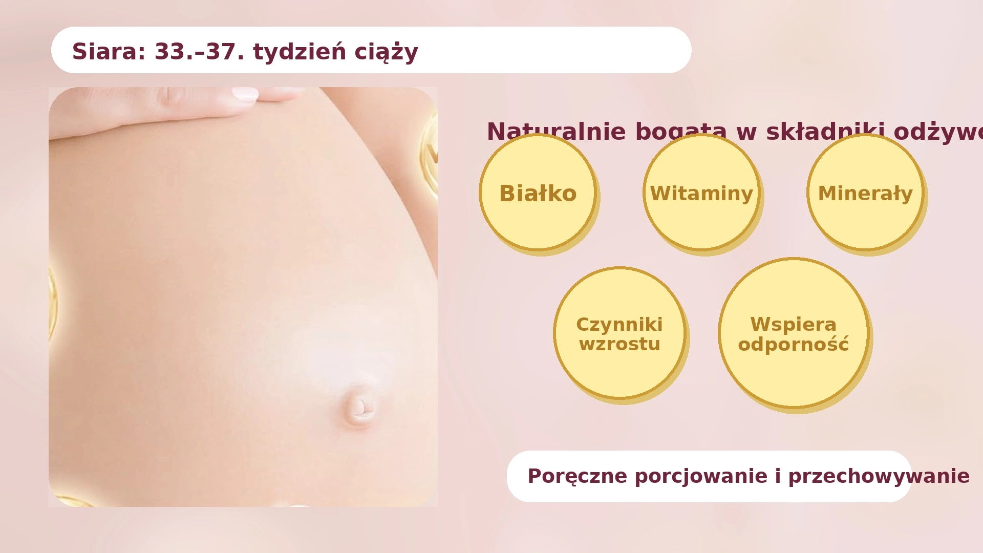 Barriga feminina gr&aacute;vida com &iacute;cones dos valores nutricionais do colostro