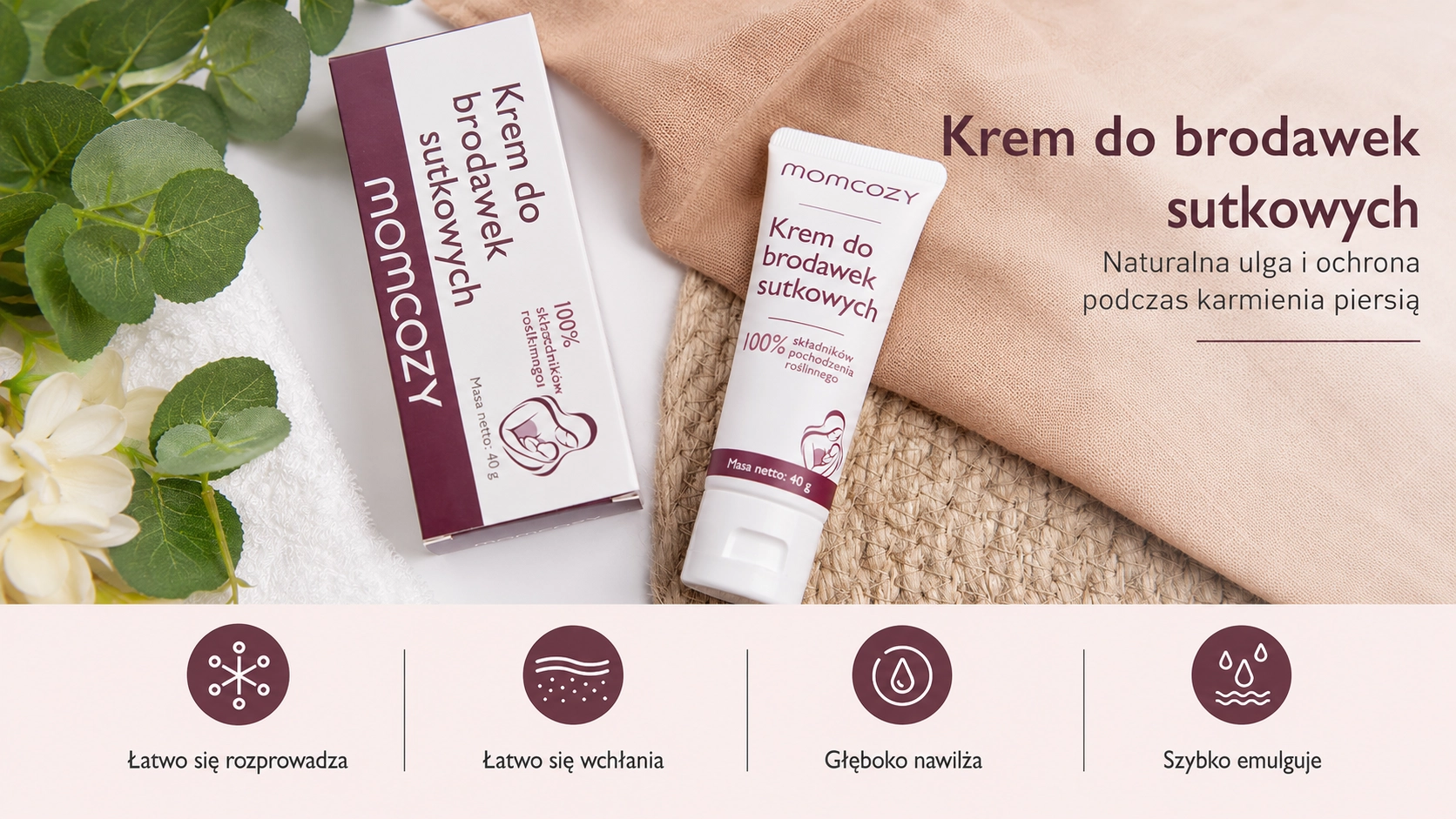 Tubo de crema junto con el envase. Resalta la naturalidad y la seguridad de los ingredientes