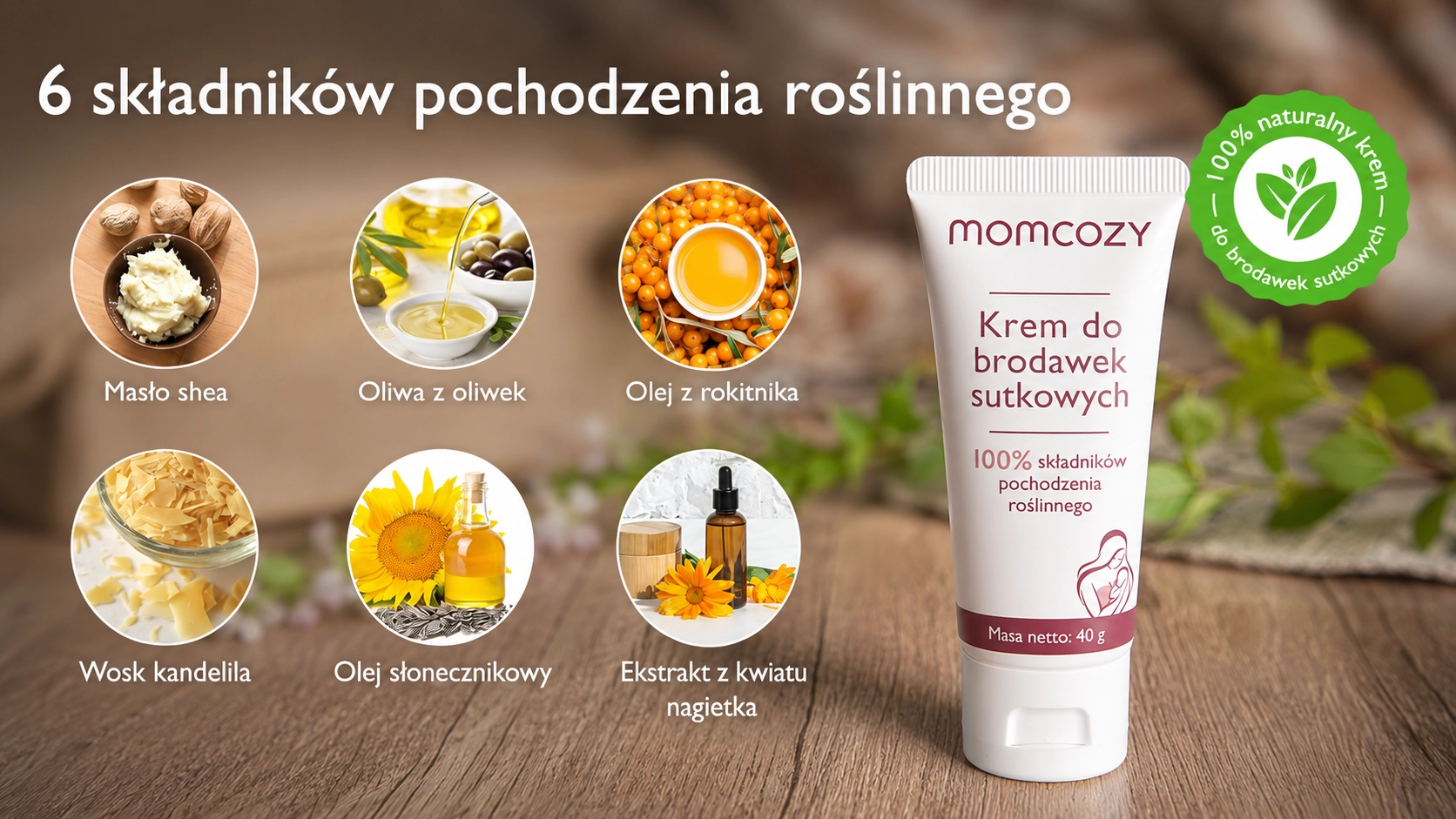 Ingredientes vegetales de la crema Momcozy: manteca de karit&eacute;, aceite de espino amarillo y cal&eacute;ndula