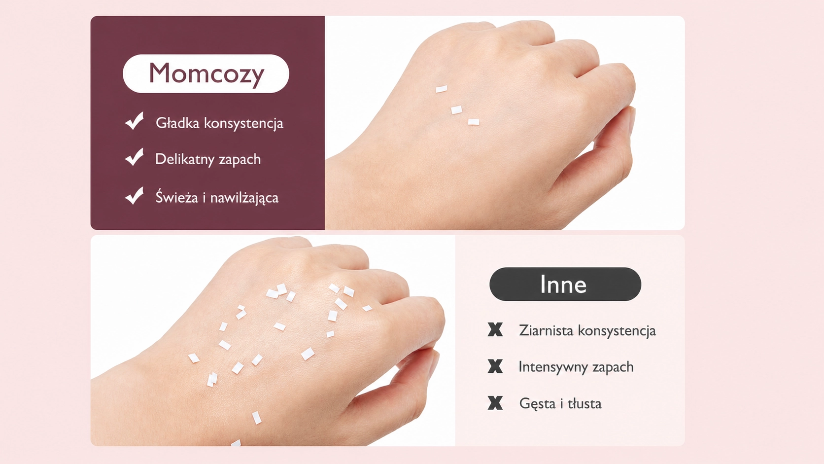 Primer plano de la crema en la mano, características: textura suave, aroma delicado, fresca e hidratante