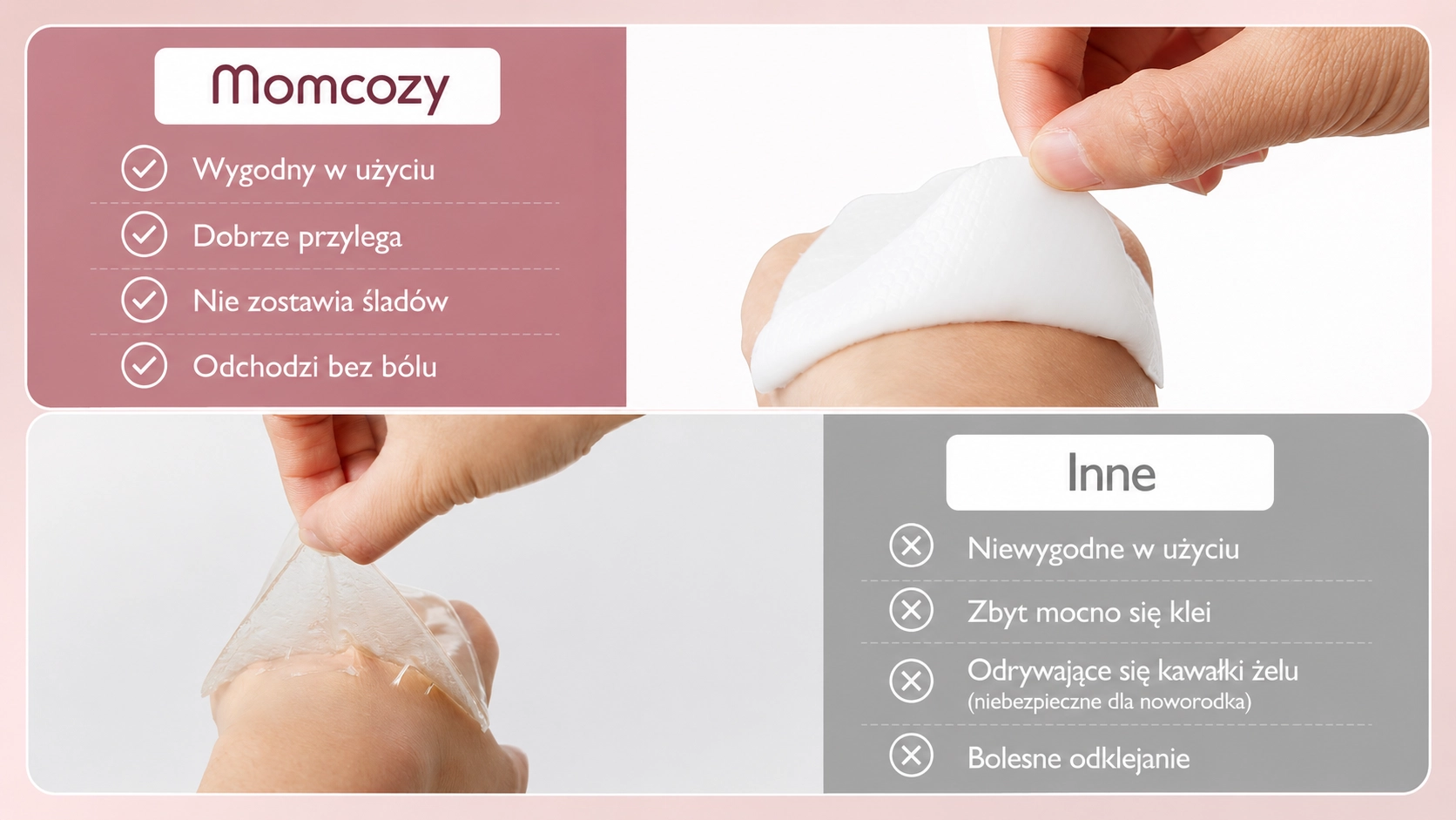 Vergleich einer Momcozy-Einlage, die sich leicht von der Haut löst, mit einem anderen Produkt, das Gelspuren hinterlässt und Schmerzen verursacht.