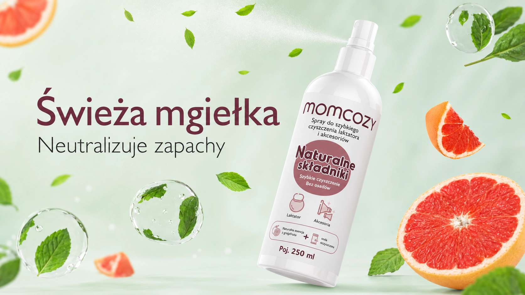 Spray de limpeza pulverizado no ar, com fatias de toranja e folhas de hortel&atilde;